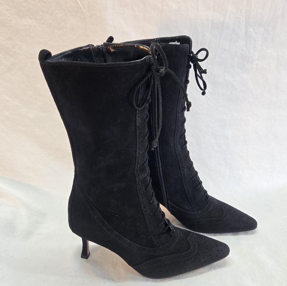 Manolo Blahnik Women's Size 35 Black Suede Zip-up Tie Stiletto Boots - Picture 2 of 7